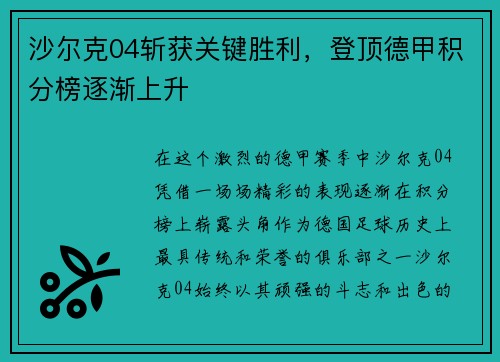 沙尔克04斩获关键胜利，登顶德甲积分榜逐渐上升