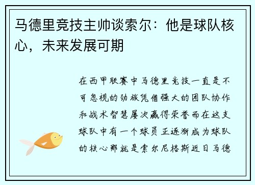 马德里竞技主帅谈索尔：他是球队核心，未来发展可期